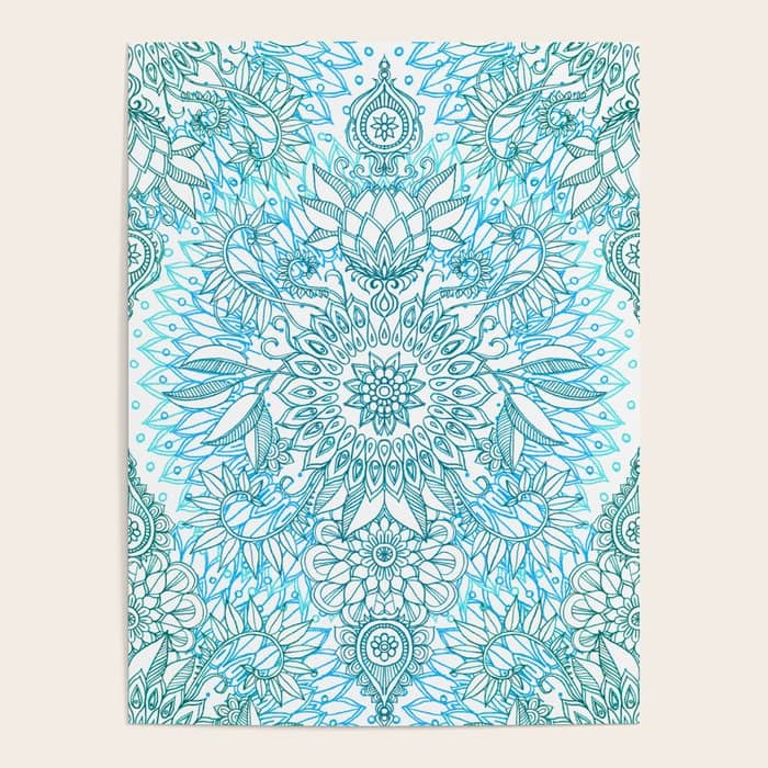 Turquoise Blue, Teal & White Protea Doodle Pattern Poster
