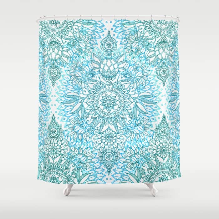 Turquoise Blue, Teal & White Protea Doodle Pattern Shower Curtain