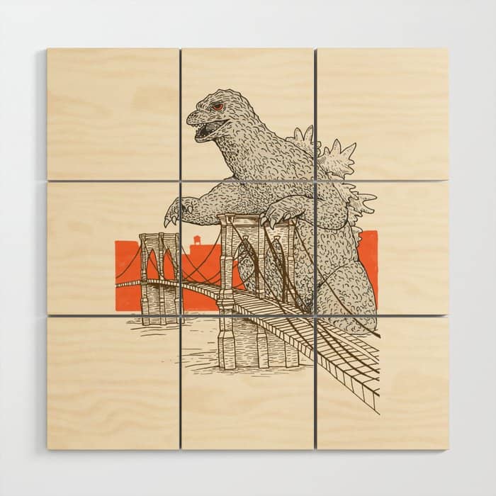 Godzilla Vs. The Brooklyn Bridge Wood Wall Art