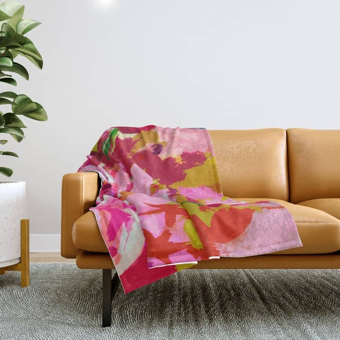 Abstracted Flower Painting In Hot Pink, Red, Spring Green Throw Blanket