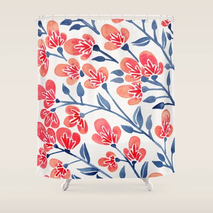 Cherry Blossoms - Melon & Navy Palette Shower Curtain