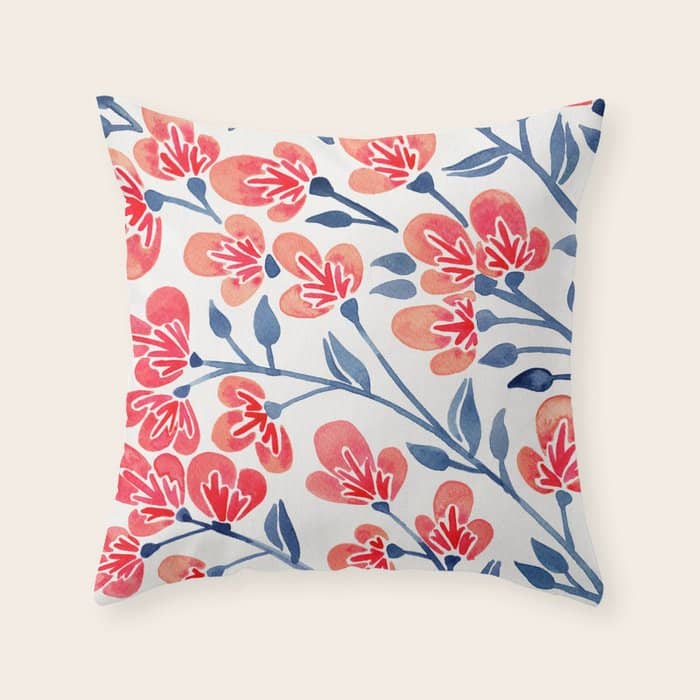 Cherry Blossoms - Melon & Navy Palette Throw Pillow