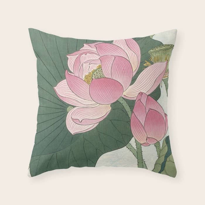 Flowering Lotus Flowers, Ohara Koson Throw Pillow