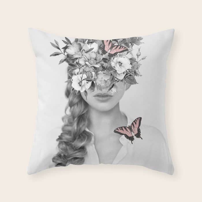 Woman With Flowers And Butterflies 9a Throw Pillow