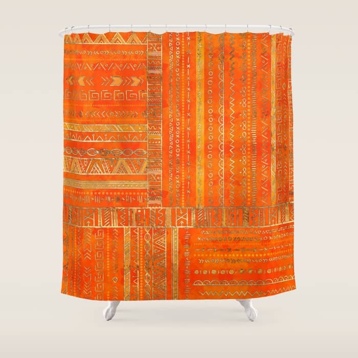 Tribal Ethnic Pattern Gold On Bright Orange Shower Curtain