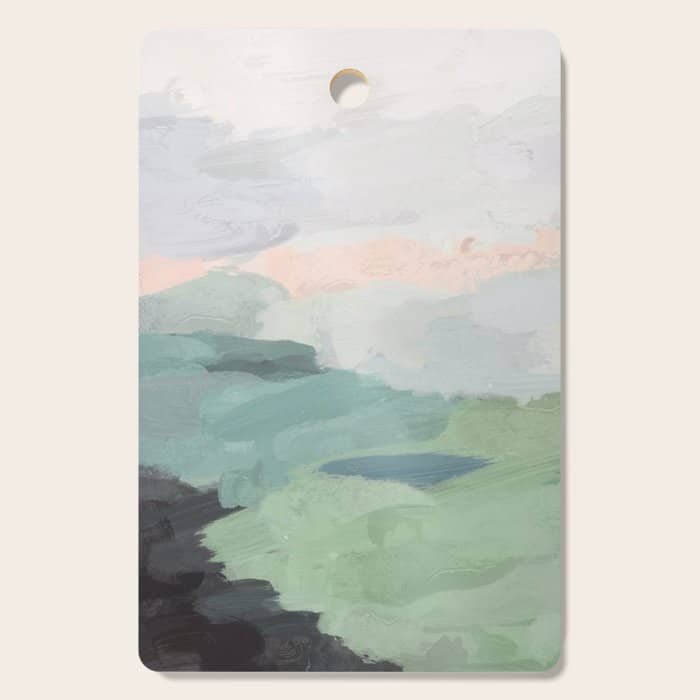 Farmland Sunset Ii - Seafoam Green Mint Black Blush Pink Abstract Nature Land Art Painting Cutting Board