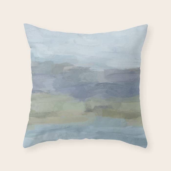 Summer At The Lake I - Sky Gray Blue Sage Green Abstract Wall Art, Painting Art Nature Modern Throw Pillow