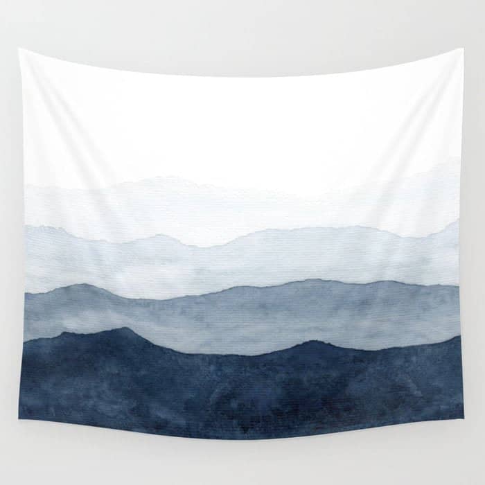 Indigo Abstract Watercolor Mountains Wall Tapestry