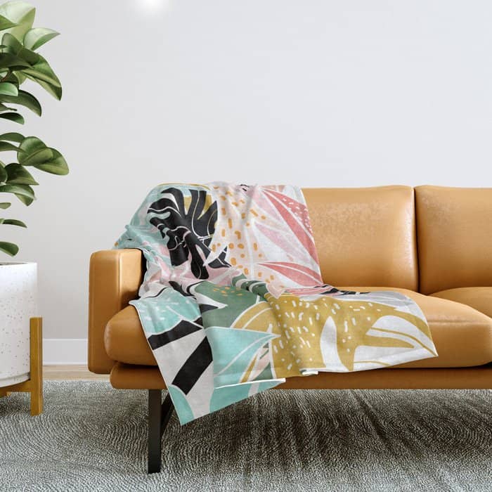 Veronica, Tropical Eclectic Bold Monstera Palm Illustration Nature Modern Colorful Jungle Throw Blanket