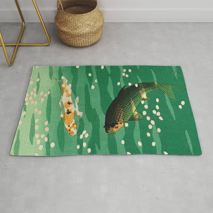 Vintage Japanese Woodblock Print Asian Art Koi Pond Fish Turquoise Green Water Cherry Blossom Rug