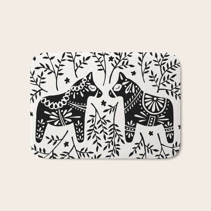 Swedish Dala Horses - Black Palette Bath Mat