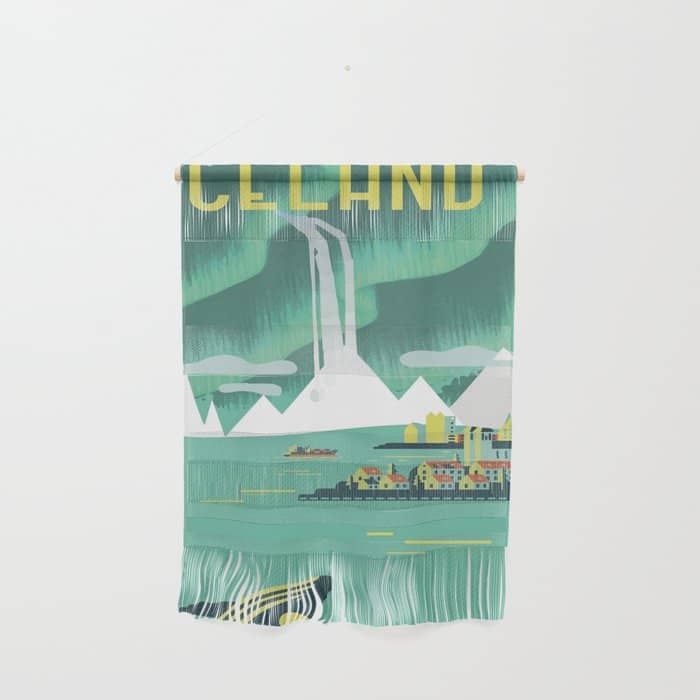 Vintage Mid Century Modern Iceland Scandinavian Travel Poster Ocean Whale Winter Village Wall Hanging