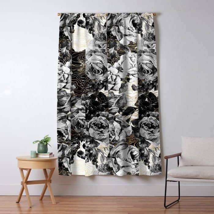Dark Abstract Bloom Over Golden Lines Window Curtain