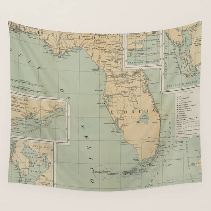 Vintage Lighthouse Map Of Florida (1898) Wall Tapestry