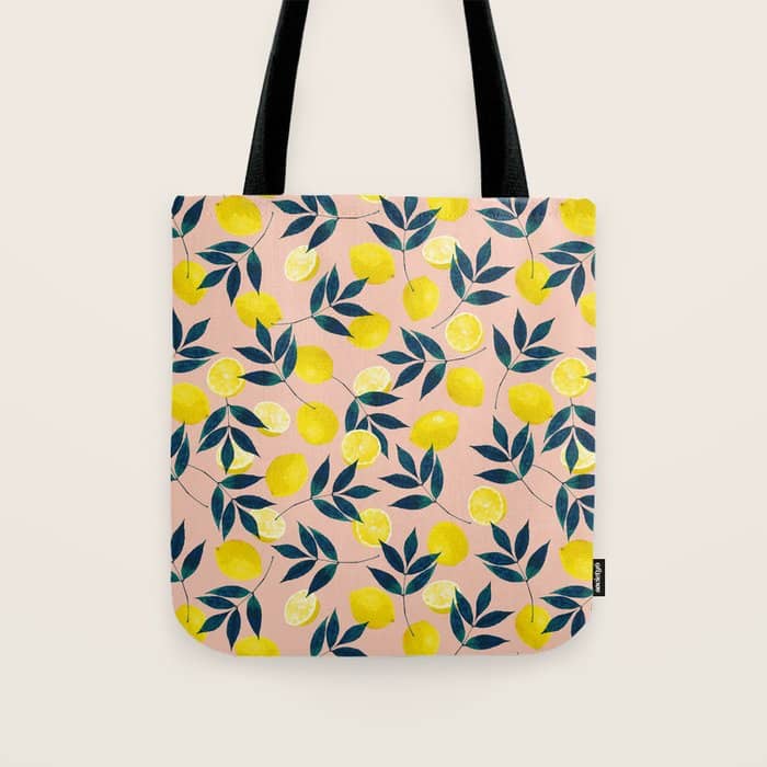Lemon Goodness, Botanical Nature Forest Illustration, Bohemian Blush Colorful Painting Tote Bag
