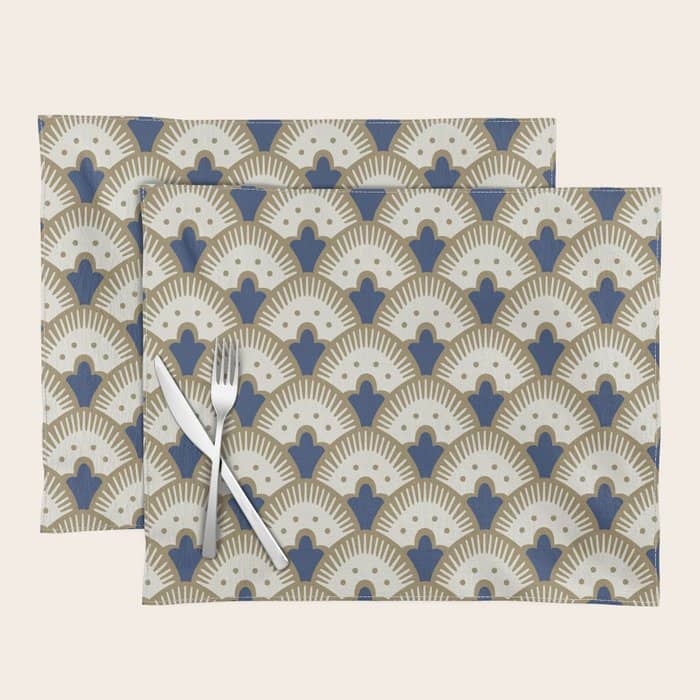 Art Deco Fan Pattern Blue And Gold Placemat
