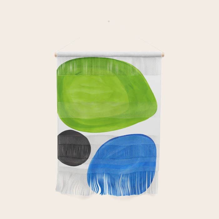 Mid Century Vintage Abstract Minimalist Colorful Pop Art Lime Green Phthalo Blue Black Bubbles Wall Hanging