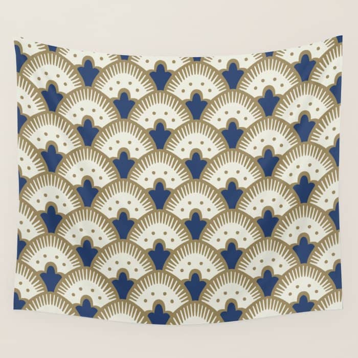 Art Deco Fan Pattern Blue And Gold Wall Tapestry