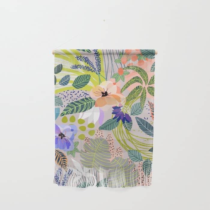 Wander, Floral Colorful Summer Modern Bohemian Illustration, Nature Blush Botanical Tropical Garden Wall Hanging