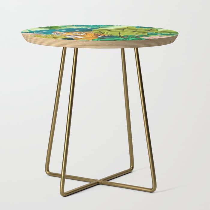 Jungle Tiger | Modern Bohemian Colorful Forest | Tropical Botanical Nature Watercolor Painting Side Table