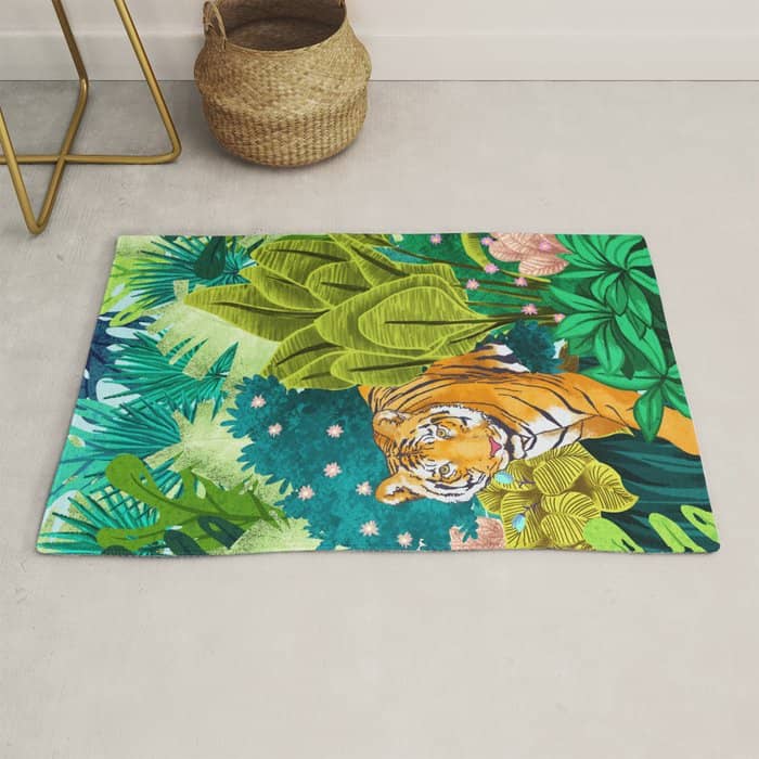 Jungle Tiger | Modern Bohemian Colorful Forest | Tropical Botanical Nature Watercolor Painting Rug