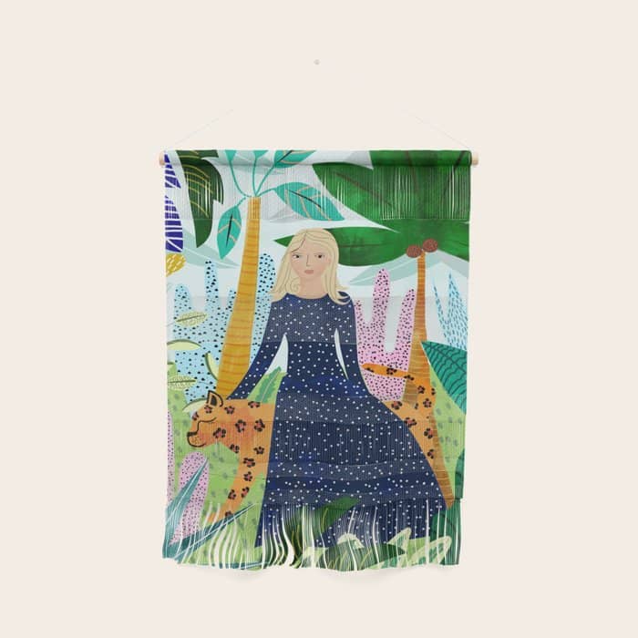African Safari, Colorful Tropical Jungle Travel, Botanical Watercolor, Blonde Woman With A Leopard Wall Hanging
