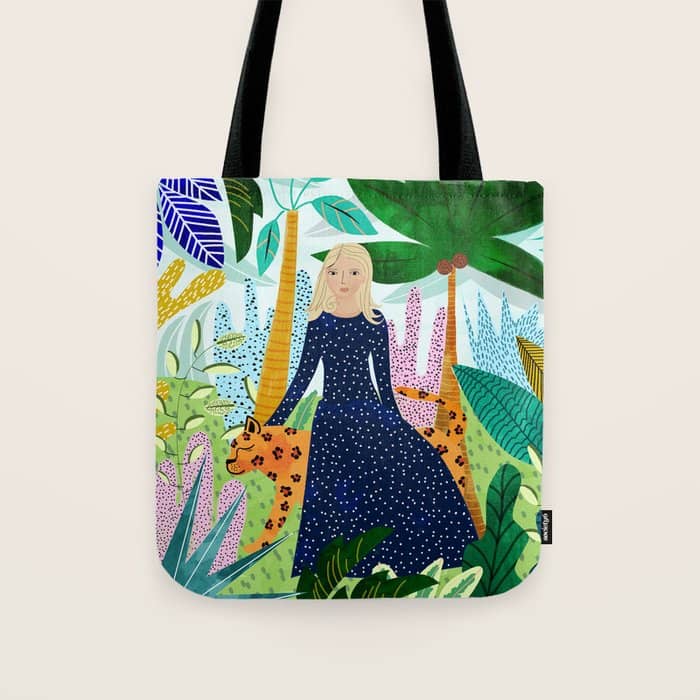 African Safari, Colorful Tropical Jungle Travel, Botanical Watercolor, Blonde Woman With A Leopard Tote Bag