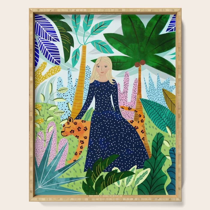 African Safari, Colorful Tropical Jungle Travel, Botanical Watercolor, Blonde Woman With A Leopard Serving Tray