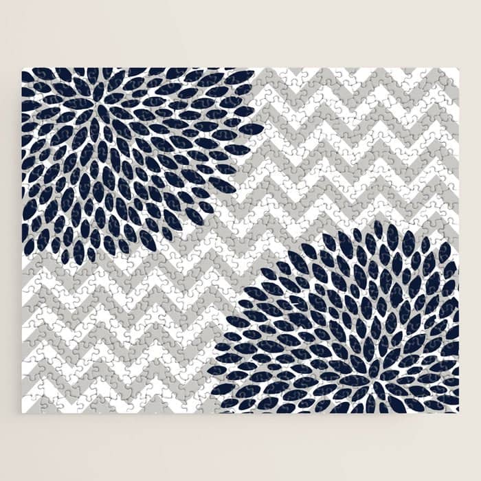 Chevron Floral Modern Navy And Grey Jigsaw Puzzle