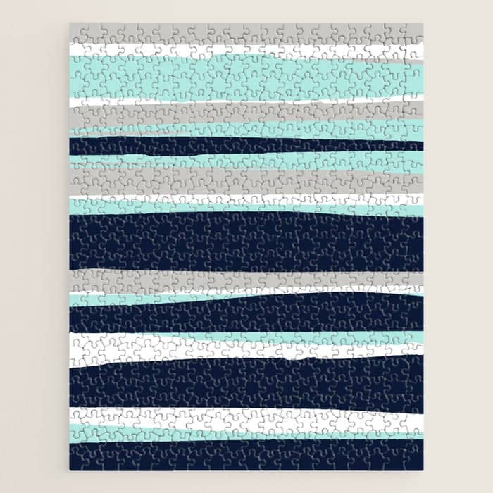 Ocean, Stripe Abstract Pattern, Navy, Aqua, Gray Jigsaw Puzzle
