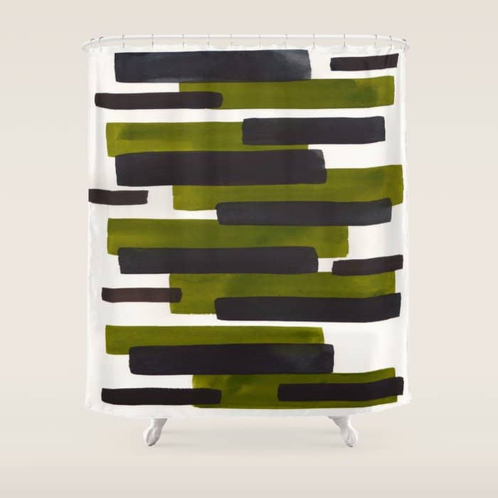 Olive Green Primitive Stripes Mid Century Modern Minimalist Watercolor Gouache Painting Colorful Str Shower Curtain