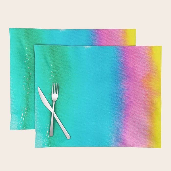 Rainbow, Watercolor Painting Abstract Colorful Fun, Urban Eclectic Contemporary Party Bohemian Placemat