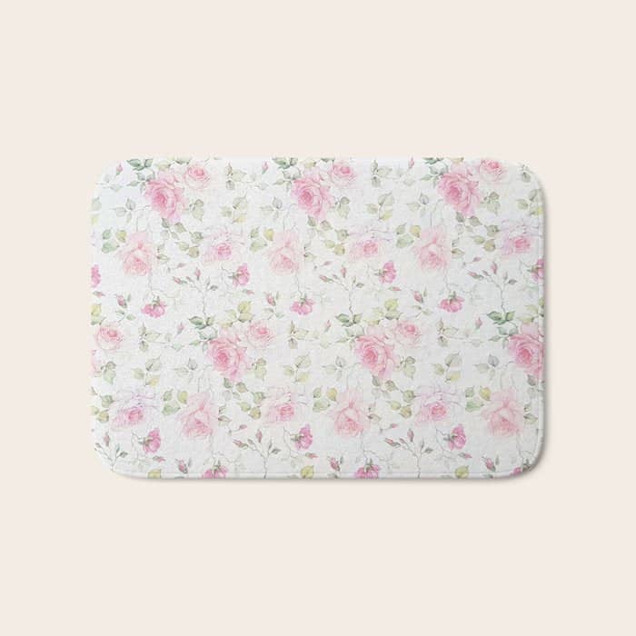Elegant Blush Pink White Vintage Rose Floral Bath Mat