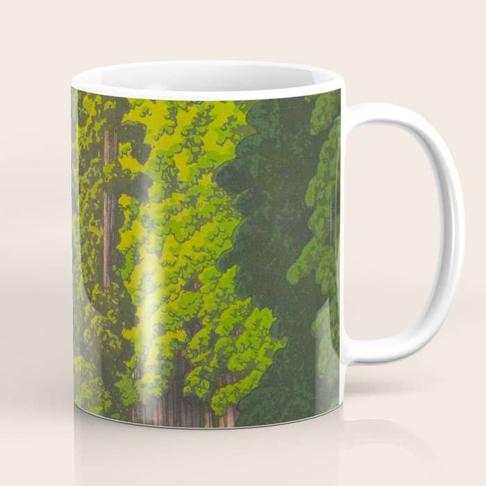 Vintage Japanese Woodblock Print Kawase Hasui Mystical Japanese Forest Tall Green Trees Coffee Mug