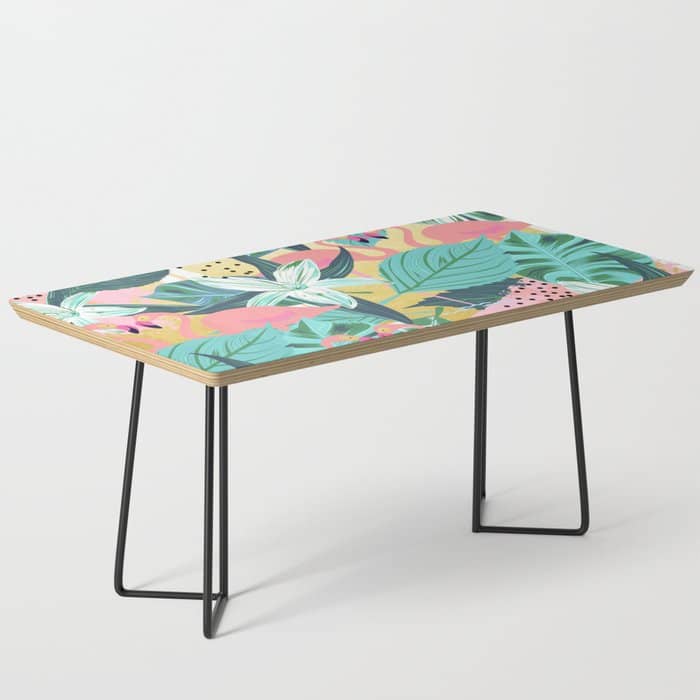 Flamingo Tropical, Colorful Modern Bohemian Eclectic Jungle Graphic Design, Blush Forest Gold Floral Coffee Table