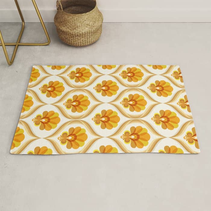 Ivory, Orange, Yellow And Brown Floral Retro Vintage Pattern Rug