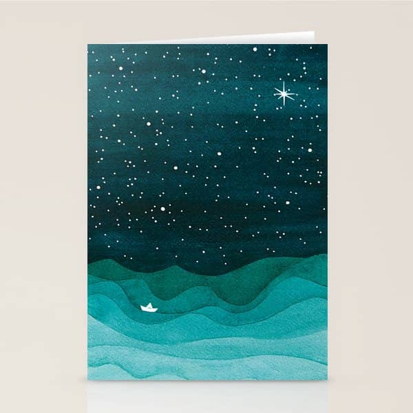 Starry Ocean, Teal Sailboat Watercolor Sea Waves Night Stationery Card