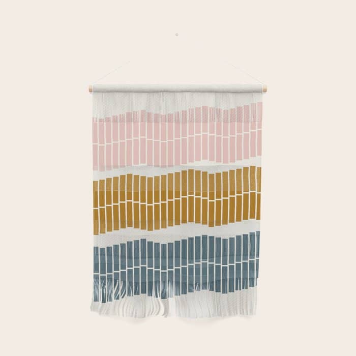 Minimalist Wavy Geometric Pattern In Pink, Gold, And Blue Wall Hanging