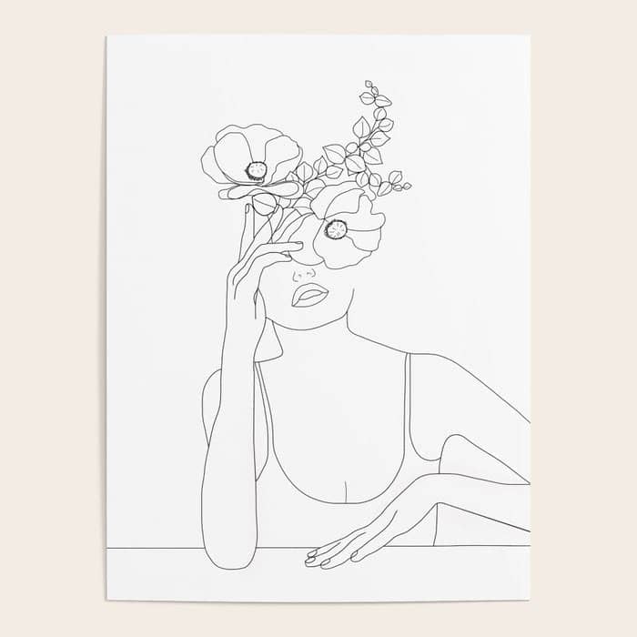 Minimal Line Art Woman With Flowers Ii Poster