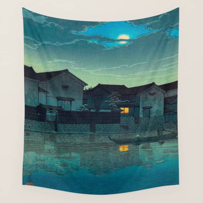 Kawase Hasui Vintage Japanese Woodblock Print Japanese Village Under Moonlight Cloudy Sky Wall Tapestry