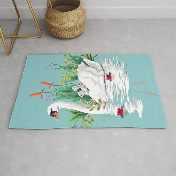 Bond, Jungle Animals, Swan Family Nature Pond Illustration, Bohemian Ducks Love Colorful Botanical Rug