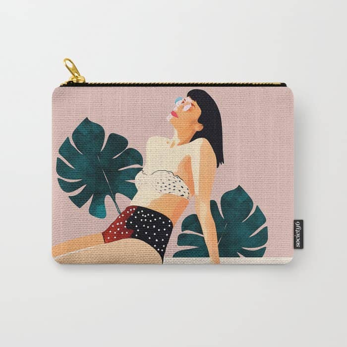 Sunday, Summer Swim Poolside Fashion, Bohemian Woman Sunbath Tan Bikini Monstera Tropical Travel Carry All Pouch