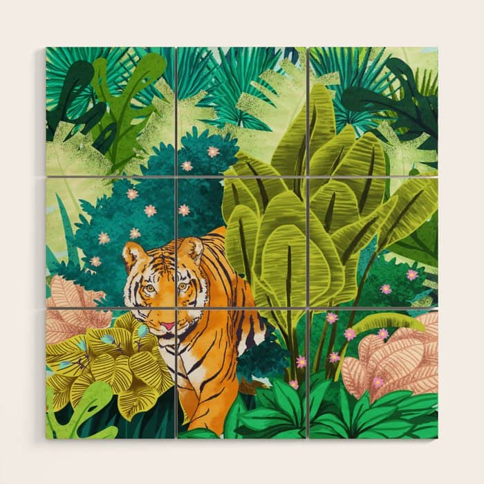 Jungle Tiger | Modern Bohemian Colorful Forest | Tropical Botanical Nature Watercolor Painting Wood Wall Art