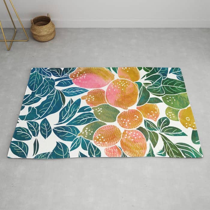 Lemons | Watercolor Modern Boho Botanical Painting | Pastel Summer Jungle Garden Juicy Fresh Rug