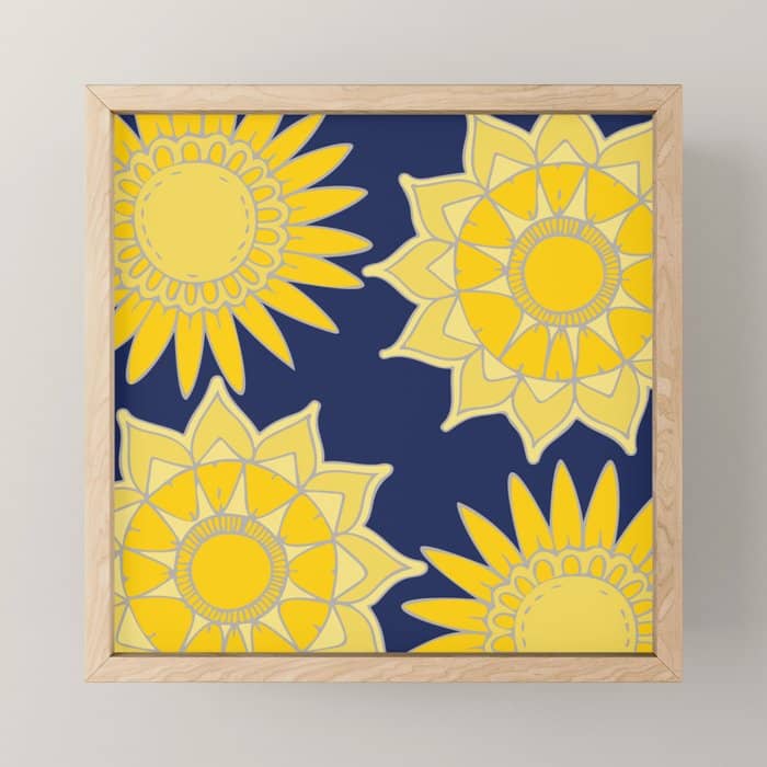 Sunshine Yellow Navy Blue Abstract Floral Mandala Mini Art Print