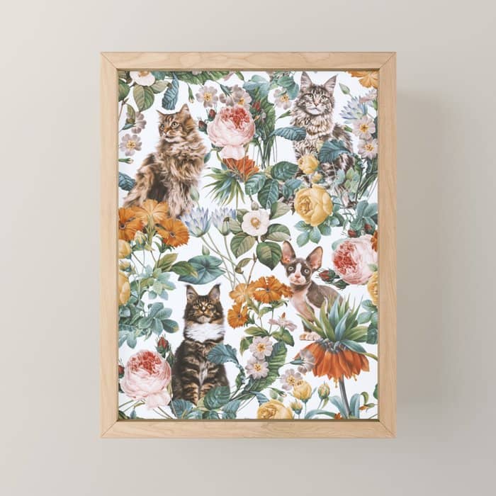 Cat And Floral Pattern Iii Mini Art Print
