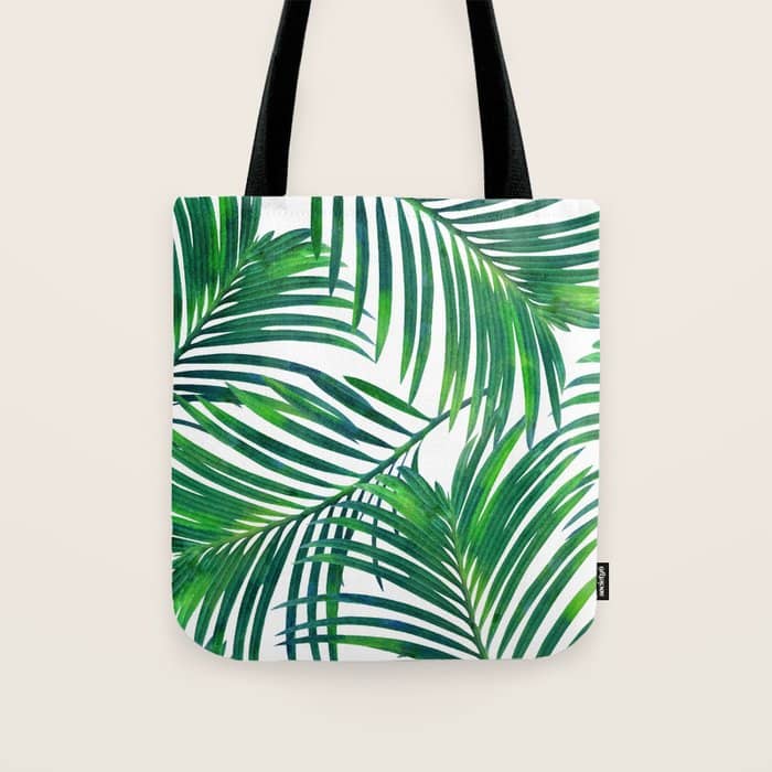 Palm Paradise, Tropical Leaves, Beachy Watercolor Painting, Minimal Nature Botanical Illustration Tote Bag