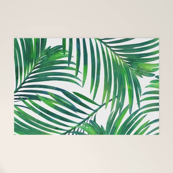 Palm Paradise, Tropical Leaves, Beachy Watercolor Painting, Minimal Nature Botanical Illustration Welcome Mat
