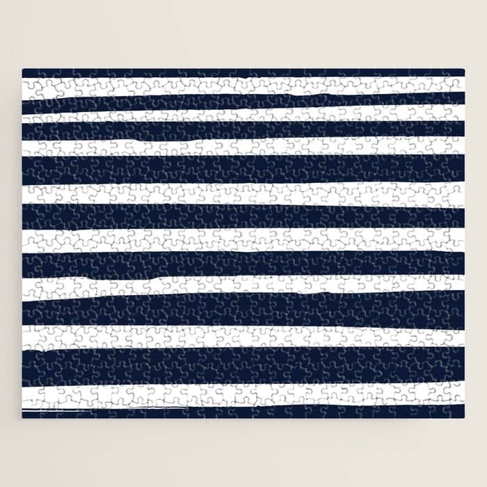 Ocean Stripes, Modern, Abstract, Navy Blue And White Jigsaw Puzzle