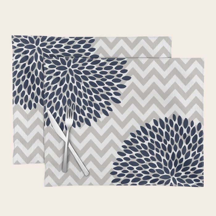 Chevron Floral Modern Navy And Grey Placemat